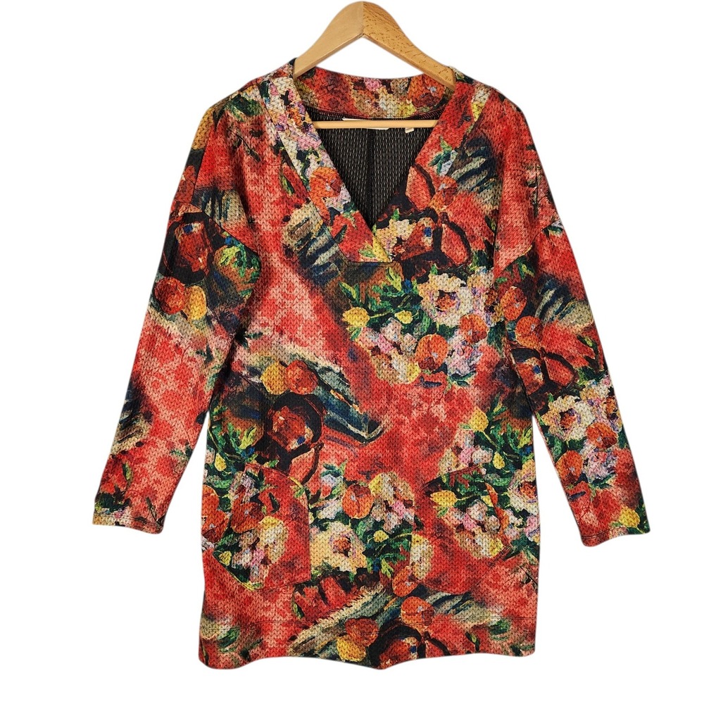 Soft Surroundings Tunic Top M Red Floral Tapestry Print V-Neck Pockets